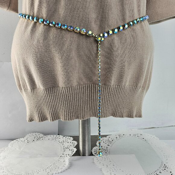 Vintage Blue Aurora Borealis Rhinestone Lariat Necklace or Belt 29-37\